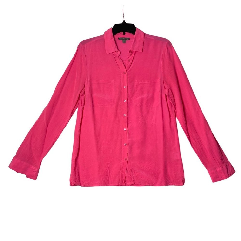 TINLEY ROAD Blouse Women Size Medium‎ 100% Silk Button Front Hot Pink Barbie
